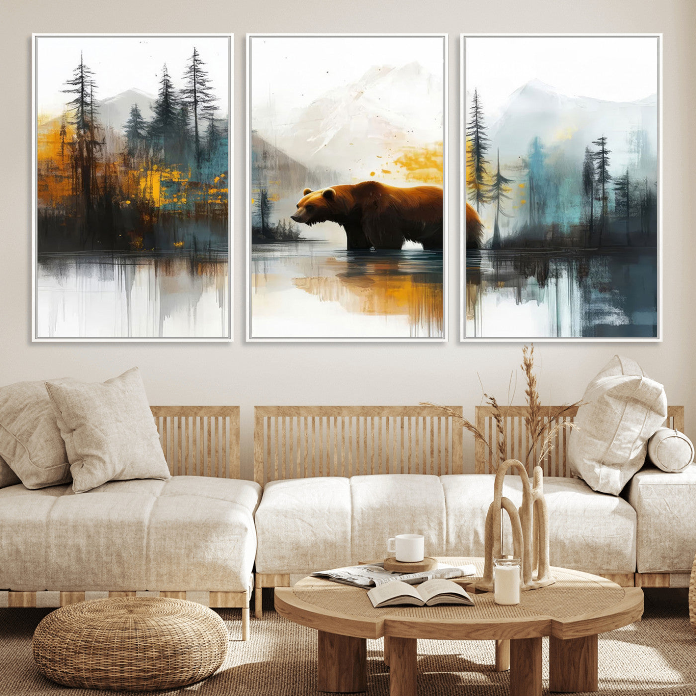 A majestic bear stands by the serene waters of a misty forest, surrounded by towering trees and distant mountains, evoking the raw beauty and wild spirit of nature.