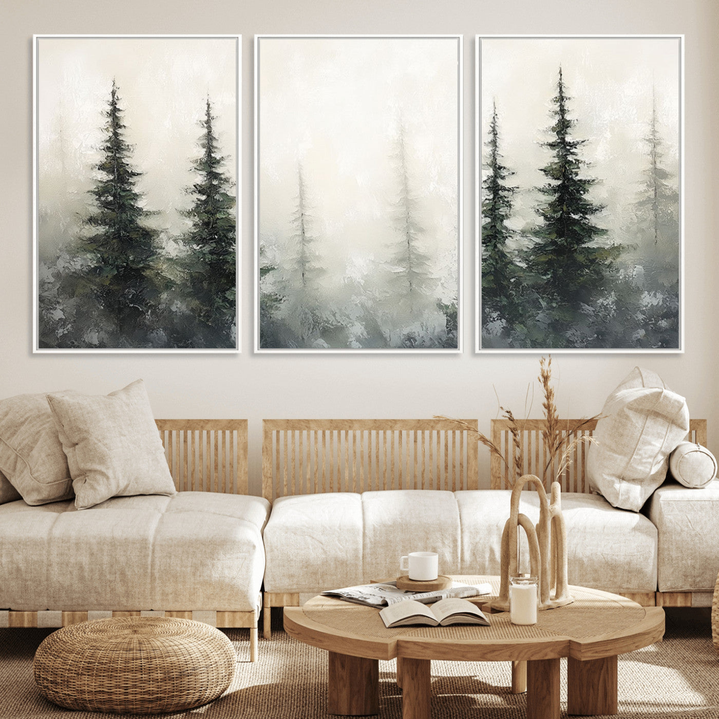 Soft and misty pine forest painting in neutral earthy tones, ideal for calm woodland or minimalist rustic home decor.