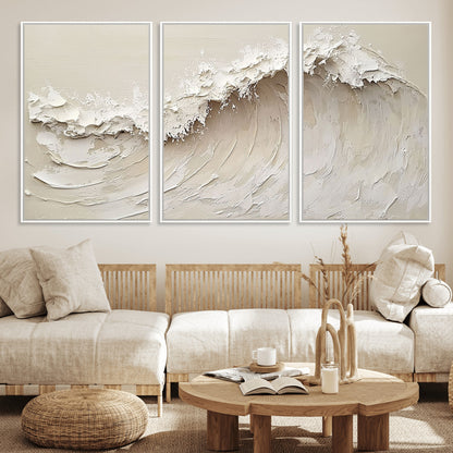 Textured canvas of an abstract white ocean wave in neutral tones, ideal for modern coastal or minimalist home decor.