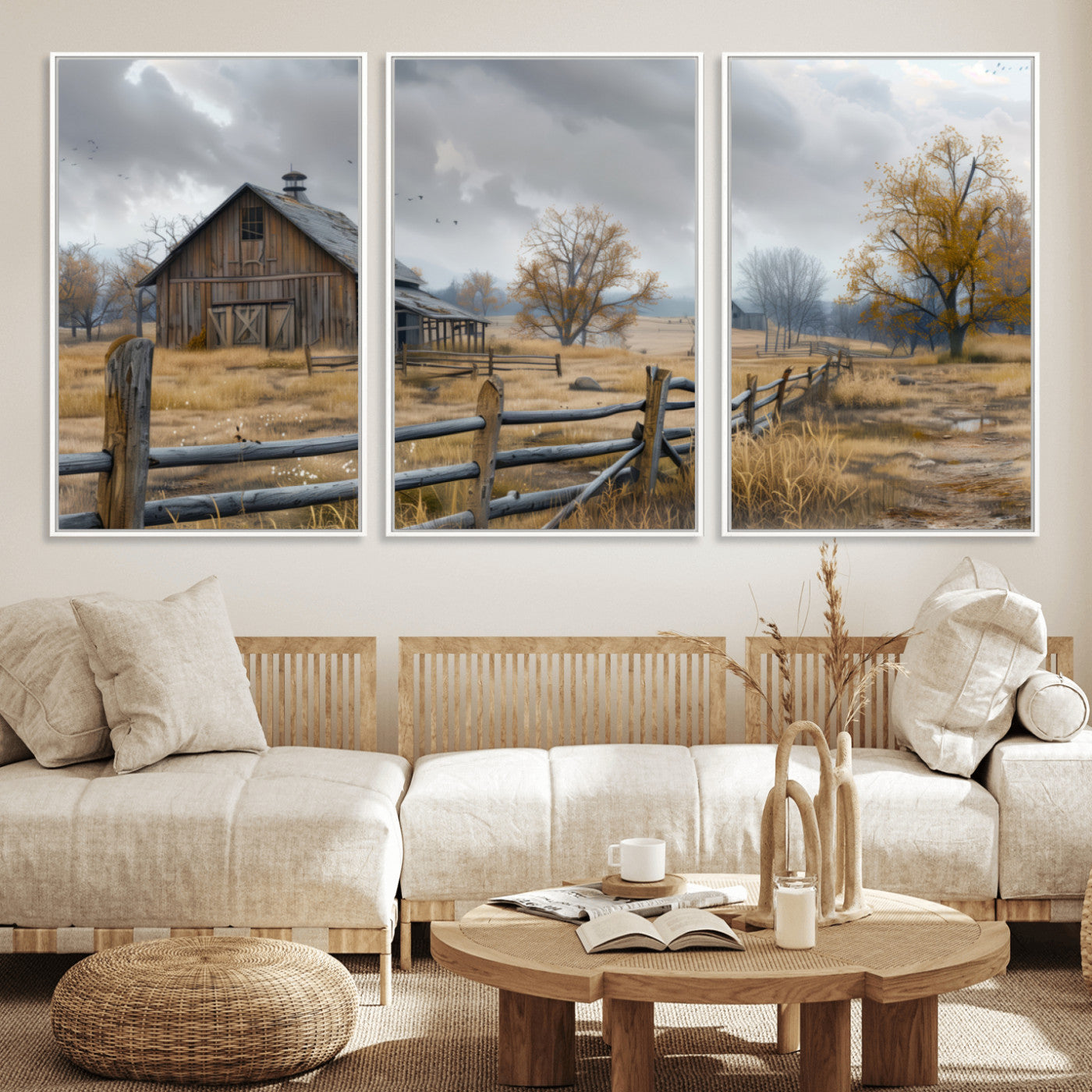 A tranquil rural scene featuring a rustic barn, overcast skies, and golden fields with scattered trees, evoking a sense of peaceful solitude in nature.