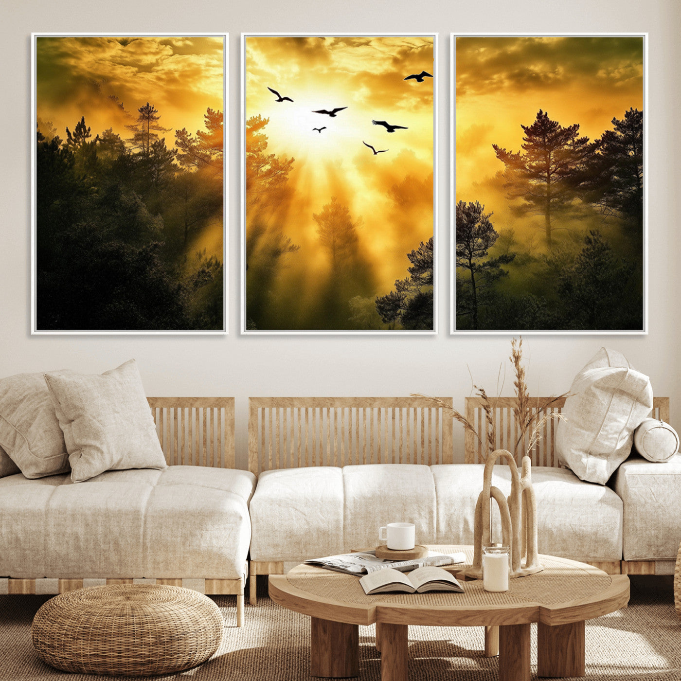 Canvas of a golden forest at sunset with birds flying through glowing sunbeams and silhouetted pine trees, ideal for warm-toned rustic decor.