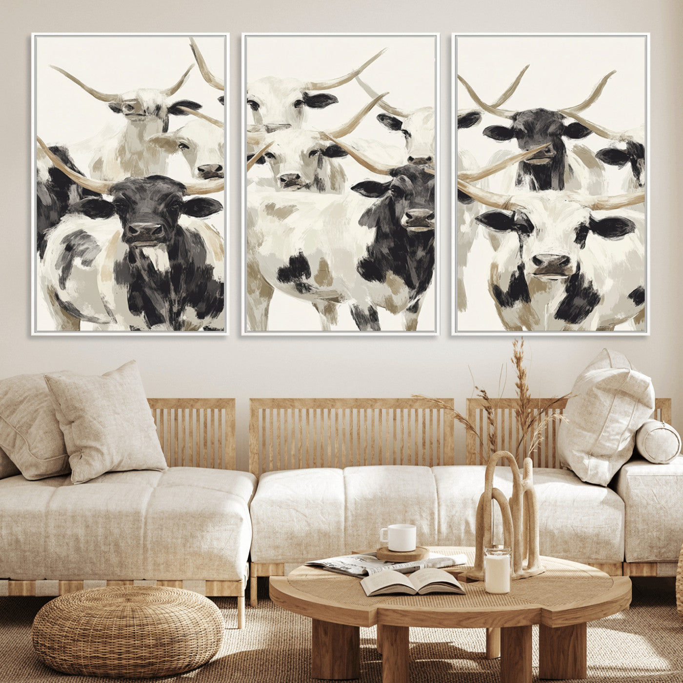 Canvas of a Texas Longhorn cattle herd in neutral black and white tones, ideal for rustic farmhouse or western-themed decor.