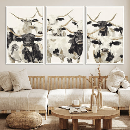 Canvas of a Texas Longhorn cattle herd in neutral black and white tones, ideal for rustic farmhouse or western-themed decor.