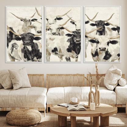 Canvas of a Texas Longhorn cattle herd in neutral black and white tones, ideal for rustic farmhouse or western-themed decor.