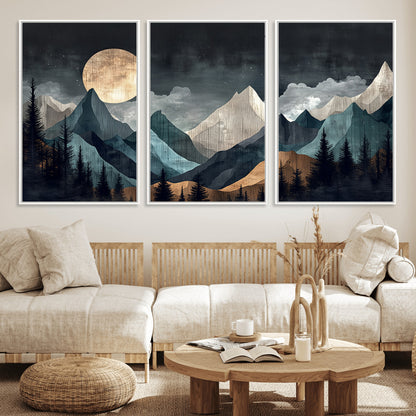 Stylized canvas of layered mountains under a full moon in neutral moody tones, ideal for nature-inspired or modern rustic interiors.