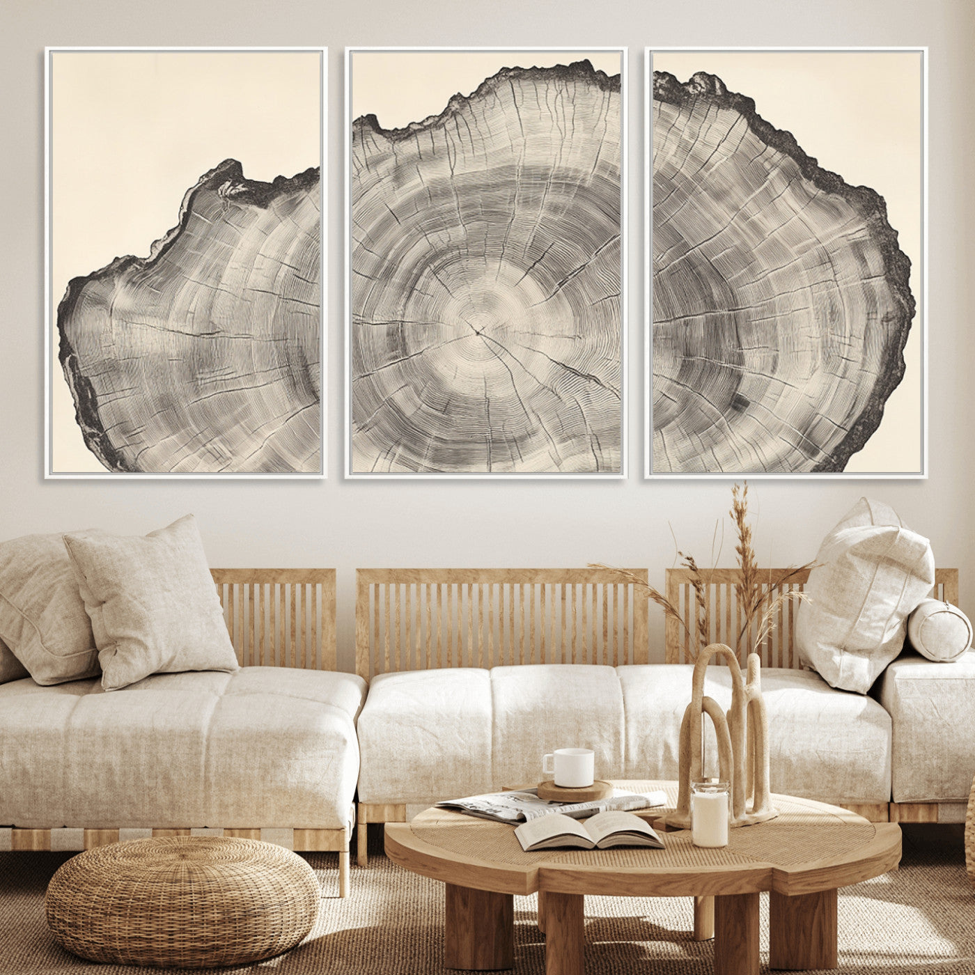 Detailed tree ring drawing in monochrome tones, ideal for rustic or nature-inspired interiors with a minimal decor aesthetic.