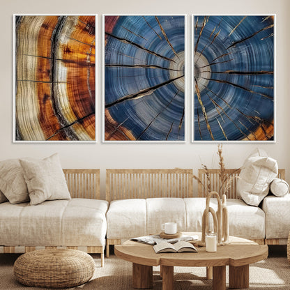 A stunning close-up view of a tree trunk, showcasing the intricate growth rings in a vibrant mix of warm browns, cool blues, and hints of natural texture.