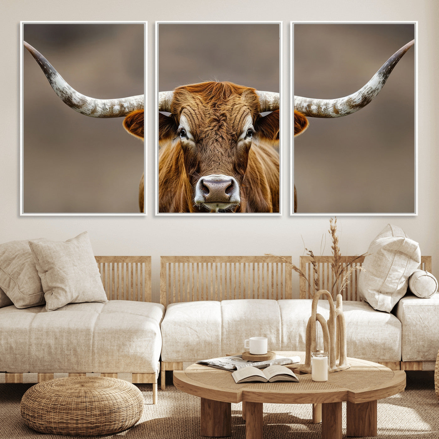 Close-up of a Texas Longhorn with strong curved horns and warm brown tones, perfect for rustic or western-style wall decor.
