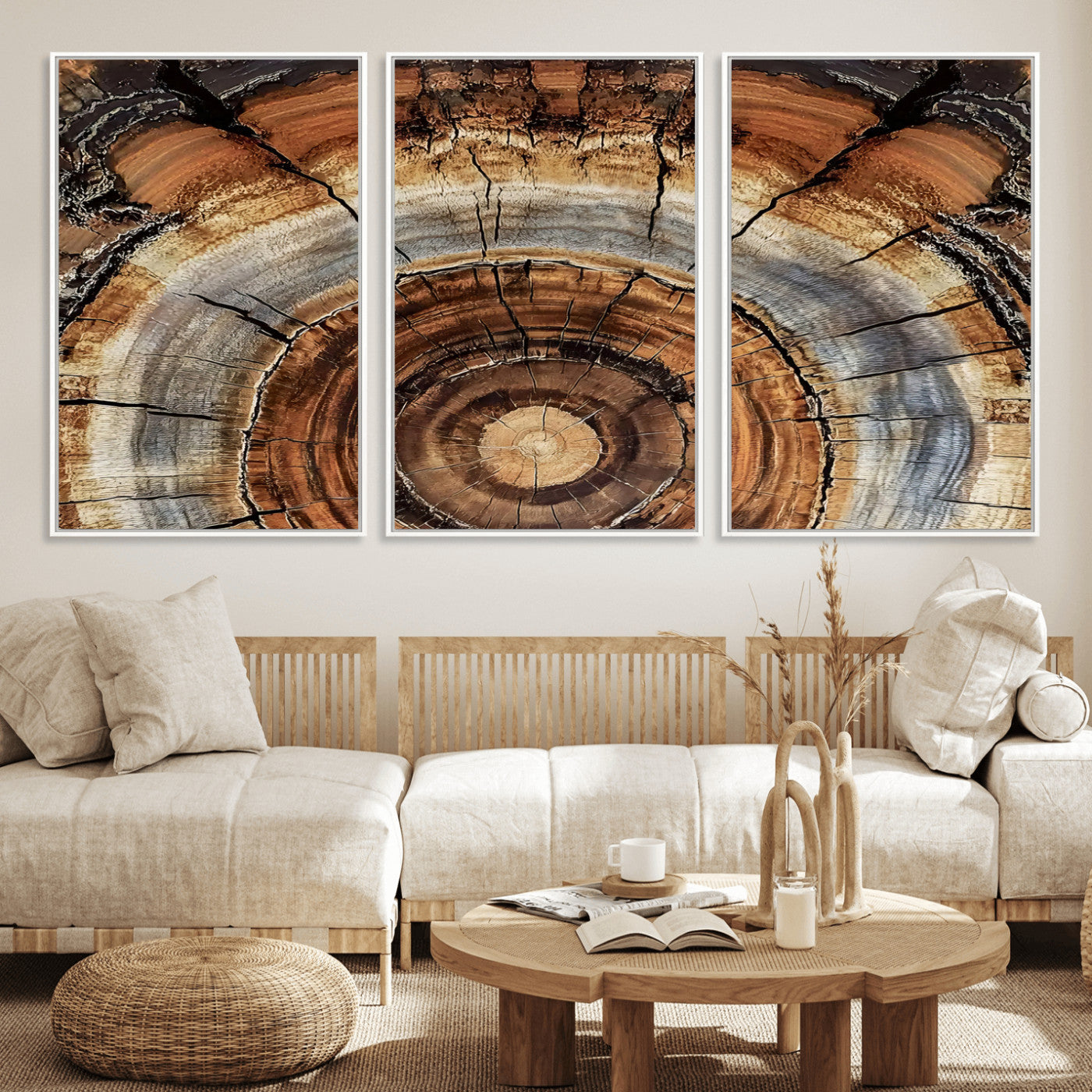 Canvas of tree rings and natural wood grain in earthy tones, ideal for rustic or vintage-inspired home decor with organic textures.