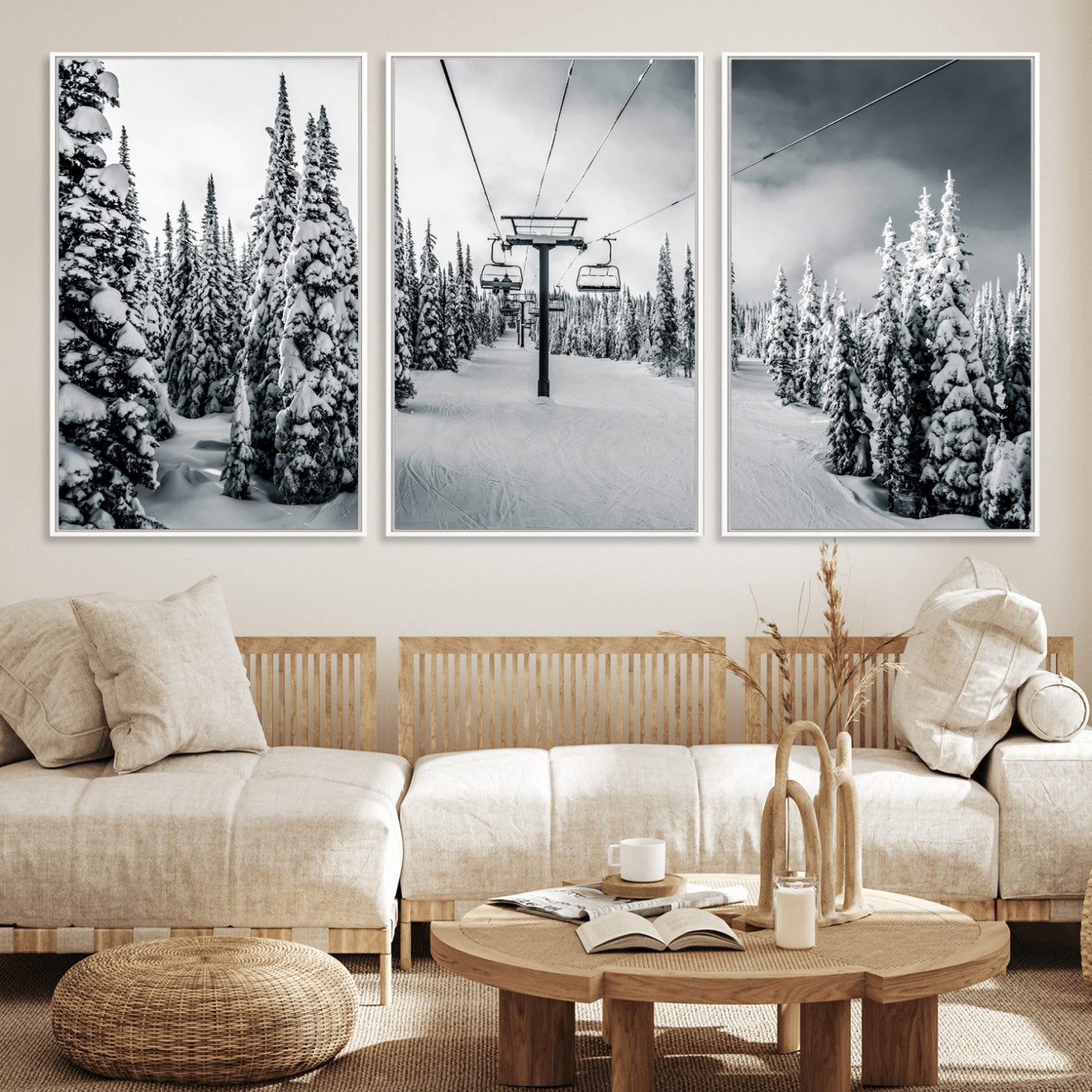 Canvas of a snowy ski lift scene through a forest of tall pine trees, ideal for moody winter or alpine-themed home decor.