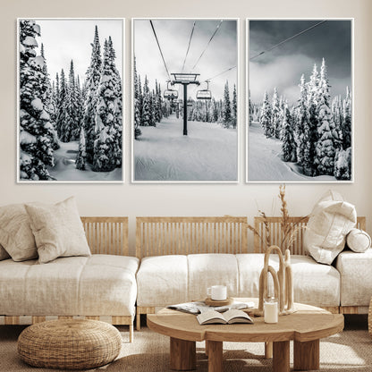 Canvas of a snowy ski lift scene through a forest of tall pine trees, ideal for moody winter or alpine-themed home decor.
