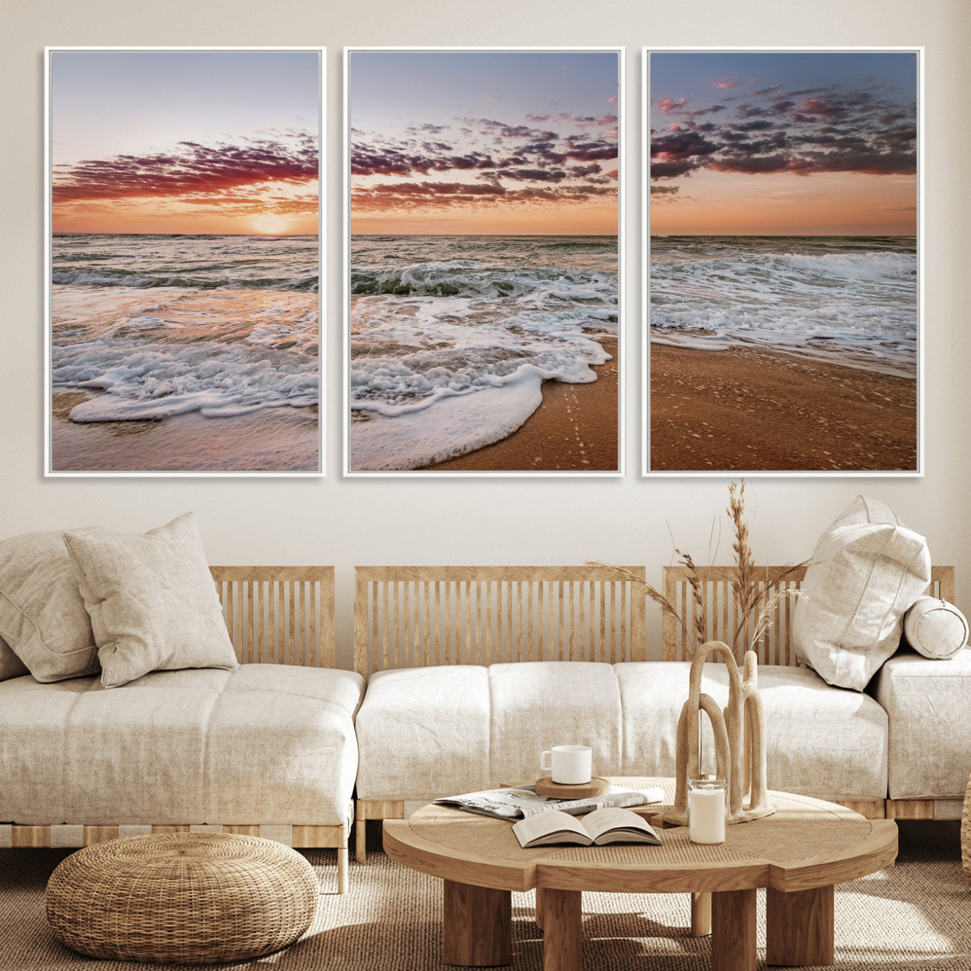 Canvas of a sunset over a foamy ocean shore with warm light and gentle waves, ideal for coastal or beach-themed home decor.
