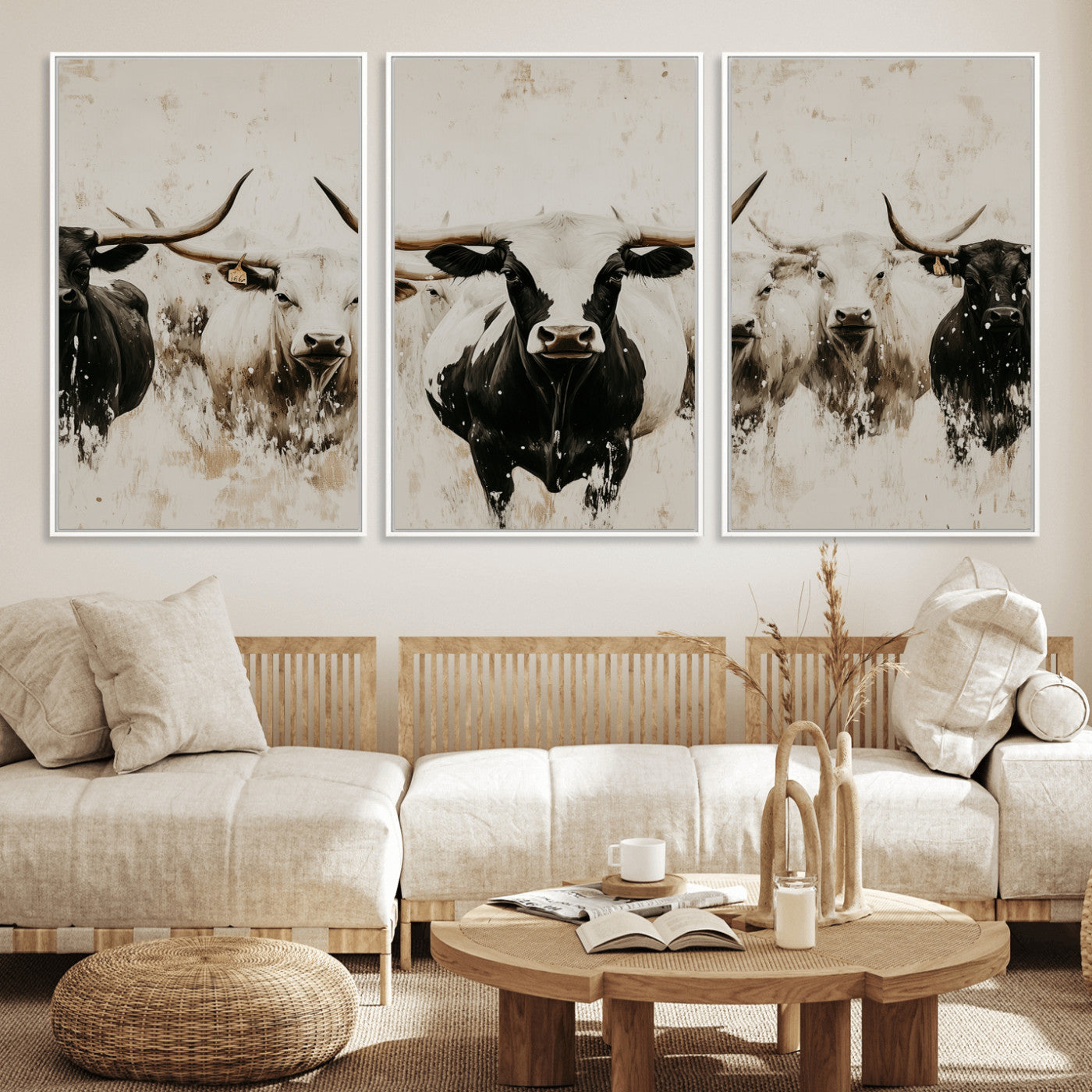 Illustrated herd of longhorn cattle in black and white tones with a neutral textured background, perfect for rustic or farmhouse-style decor.