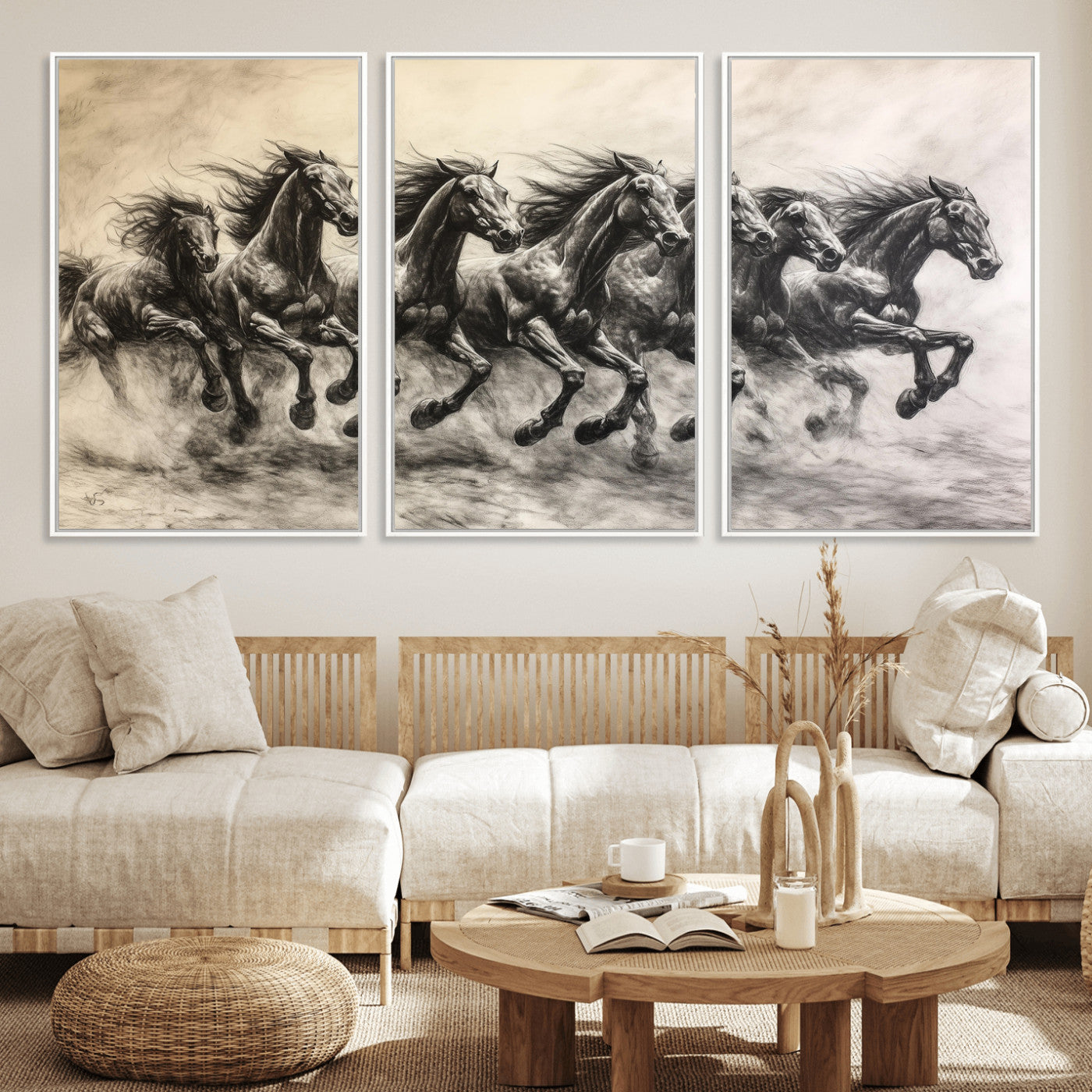 Monochrome drawing of a herd of galloping horses, perfect for dynamic and wild-themed decor in any equestrian or nature-inspired room.