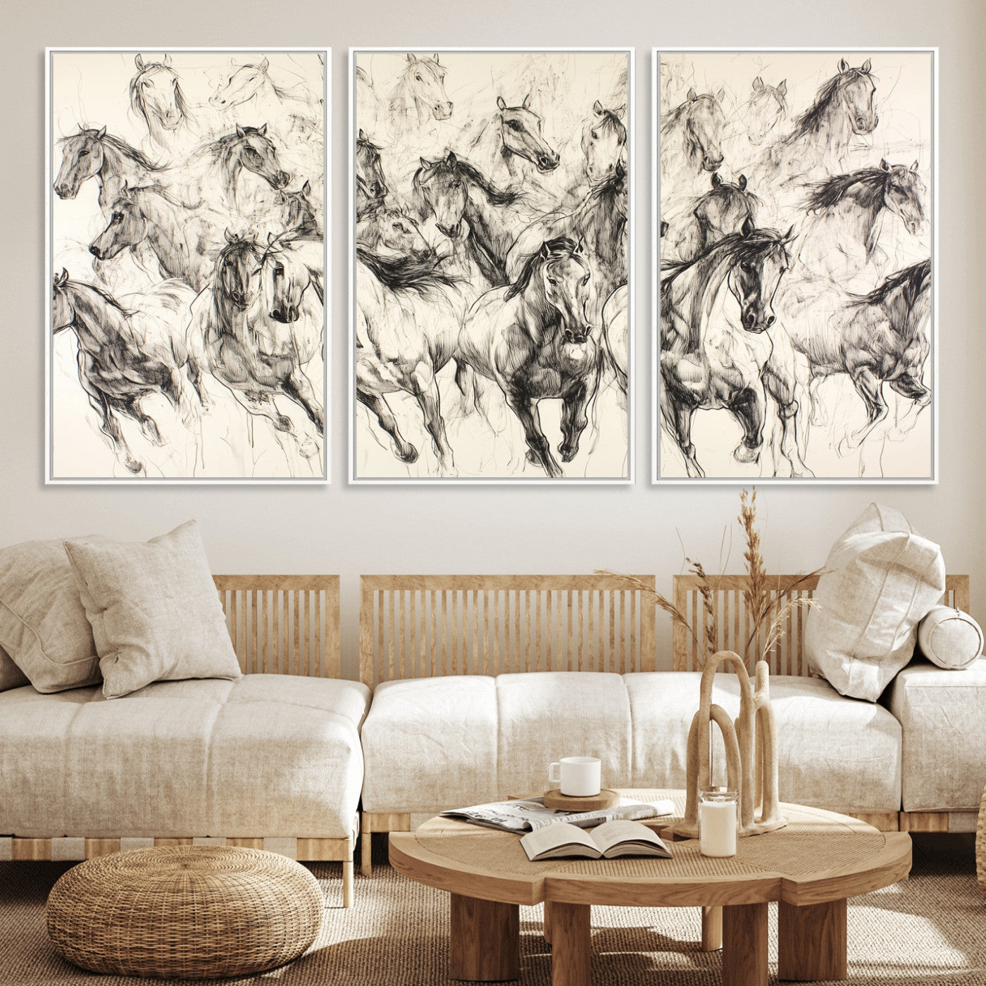 Monochrome ink sketch of galloping horses in dynamic motion, perfect for western or equine-themed wall decor with bold artistic energy.