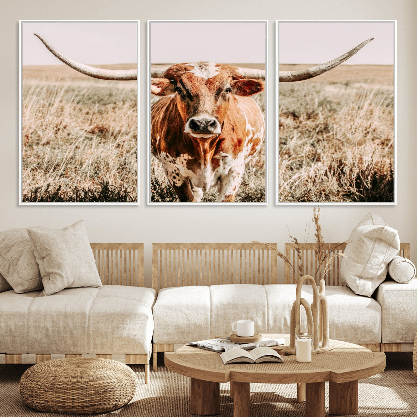 Framed longhorn cow canvas wall art with rustic prairie background, western animal print perfect for farmhouse or ranch style decor
