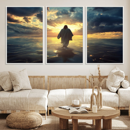 Spiritual artwork of Jesus walking on water at golden hour with divine light, ideal for Christian home decor or prayer room.