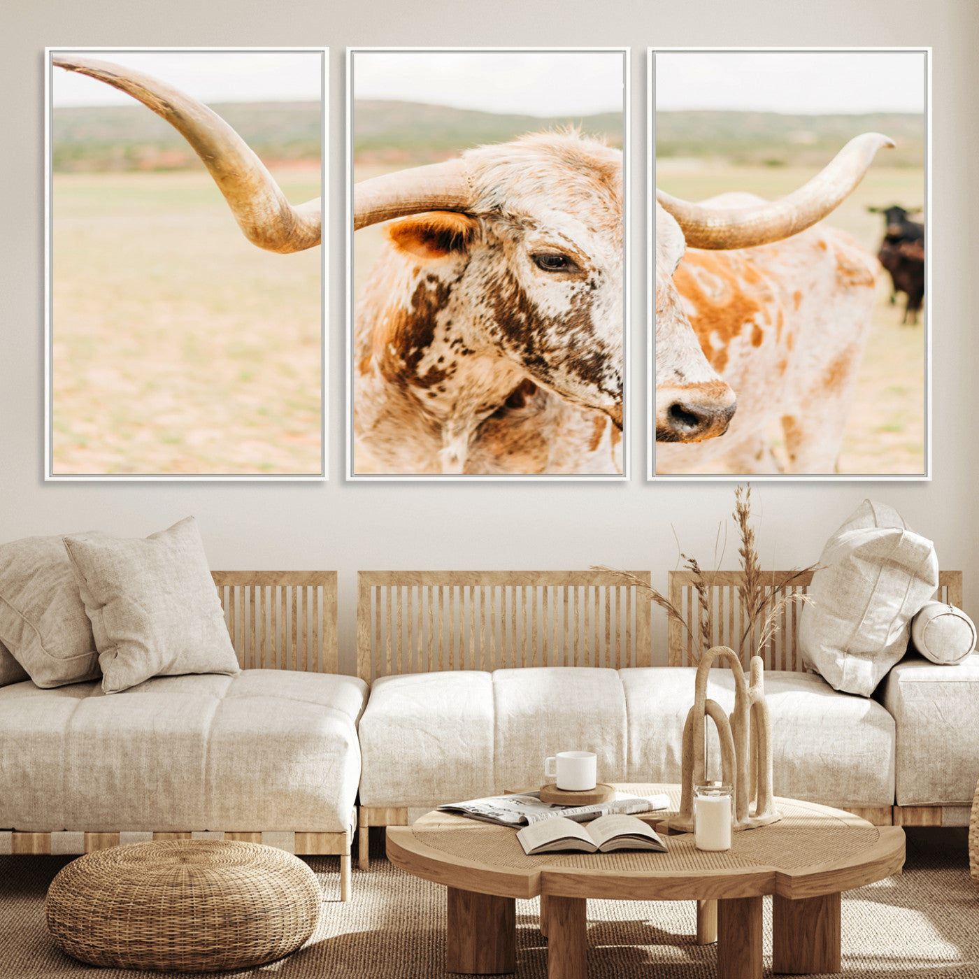 Close-up of a speckled Texas Longhorn in warm prairie tones, perfect for rustic western or countryside-themed room decor.