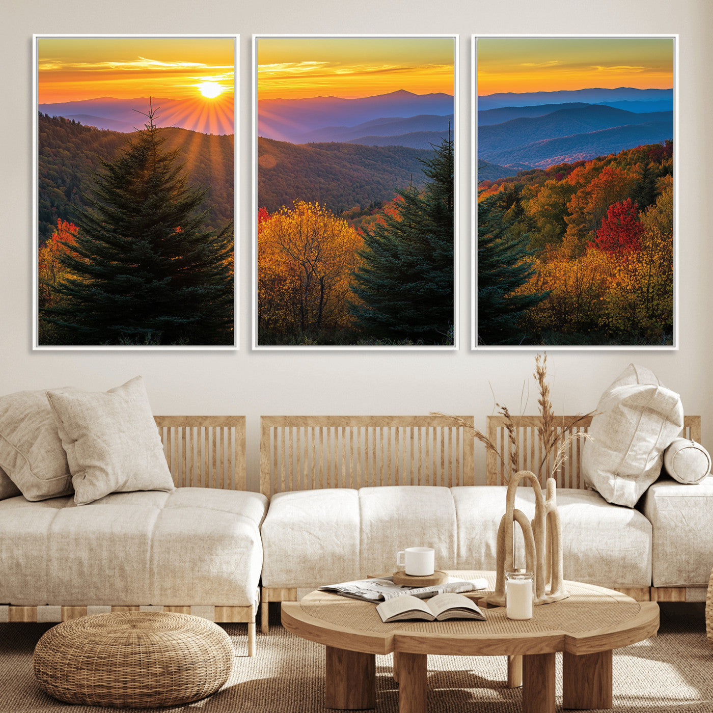 Vibrant sunset over autumn mountains with colorful trees and warm light, ideal for nature lovers or cabin-style wall decor.