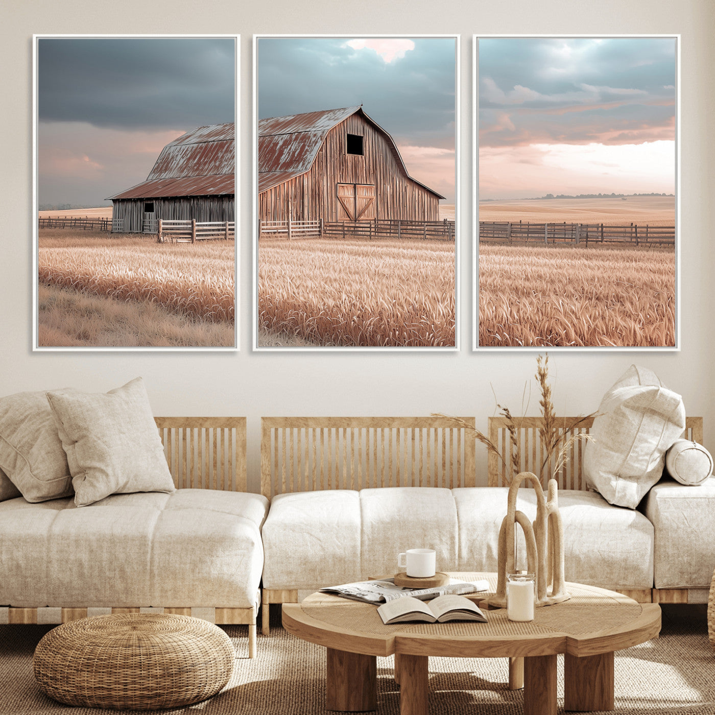 Framed canvas of a rustic barn in a golden wheat field under soft skies, ideal for vintage farmhouse or country-style wall decor.