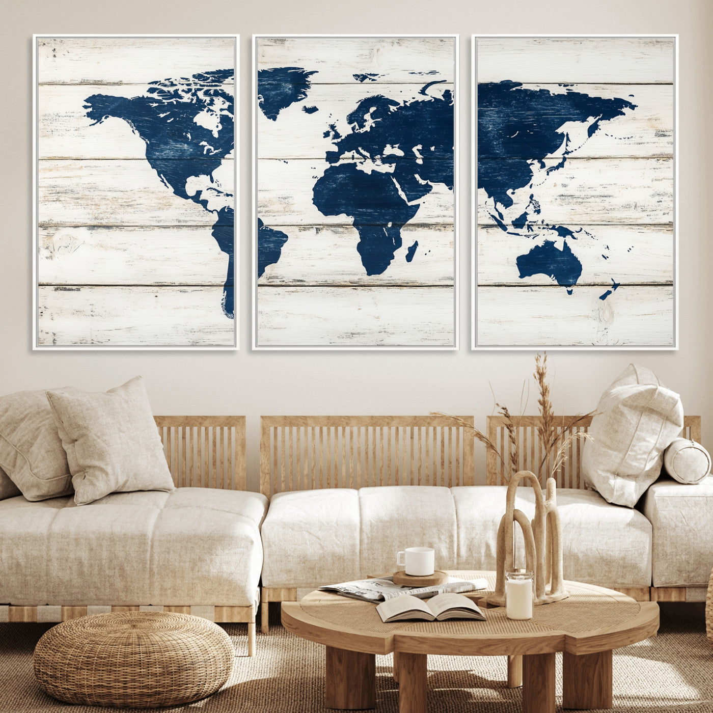 Rustic world map with dark blue continents on distressed wooden planks, perfect for coastal, explorer, or vintage-style wall decor.