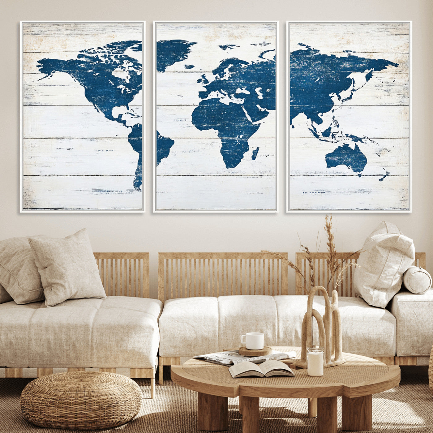 Rustic world map with blue continents on distressed wooden planks, perfect for coastal, explorer, or vintage-style wall decor.