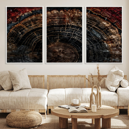 Dark Wood Wall Art Print - Petrified Tree Canvas Print, featuring an intricate tree ring pattern with deep earthy tones and organic textures, perfect for rustic and nature-inspired decor.
