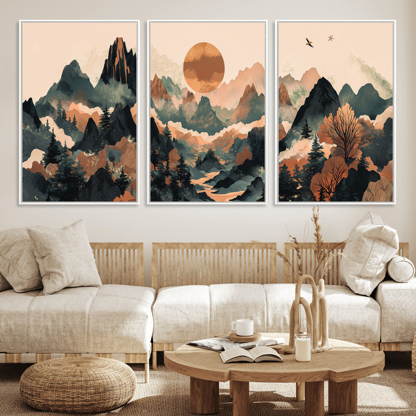 Mountain Landscape Wall Art Print - Sunset Hills Canvas Print, featuring an abstract nature scene with earthy tones and misty peaks, perfect for boho and modern decor.