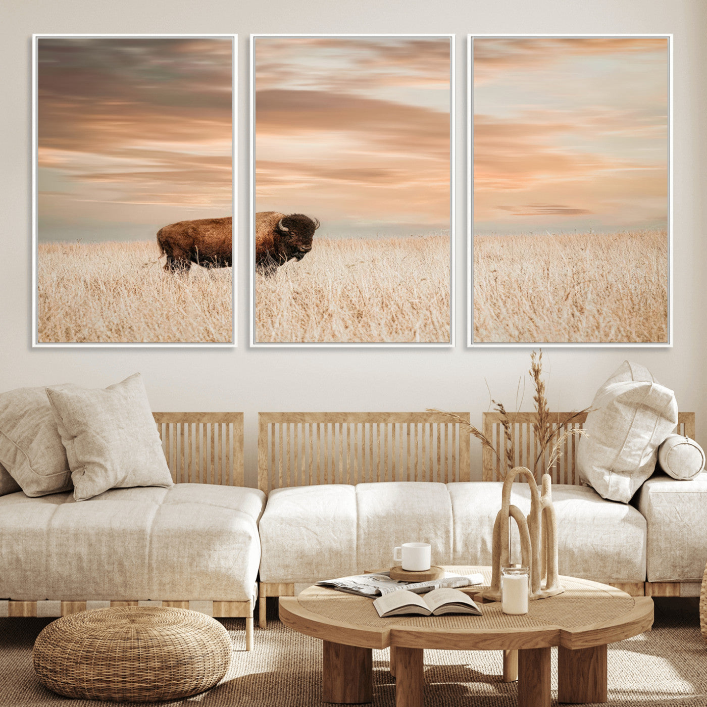 Bison Wall Art Print - Buffalo Canvas Print, featuring a lone bison in a golden prairie under a warm sunset sky, perfect for rustic and farmhouse decor.