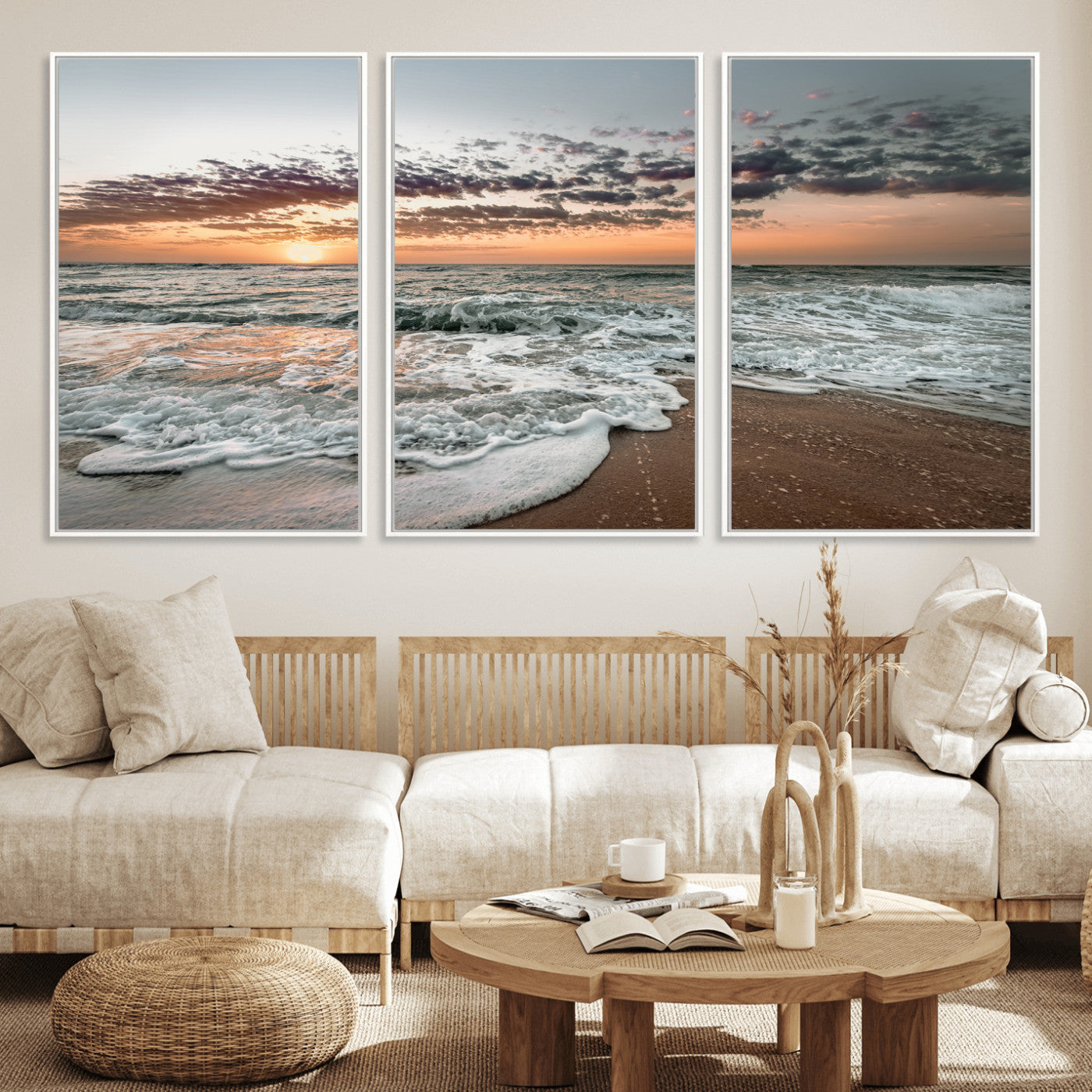 Ocean Sunset Wall Art Print - Beach Waves Canvas Print, featuring a serene seascape with golden sunlight reflecting on gentle waves, perfect for coastal and minimalist decor.