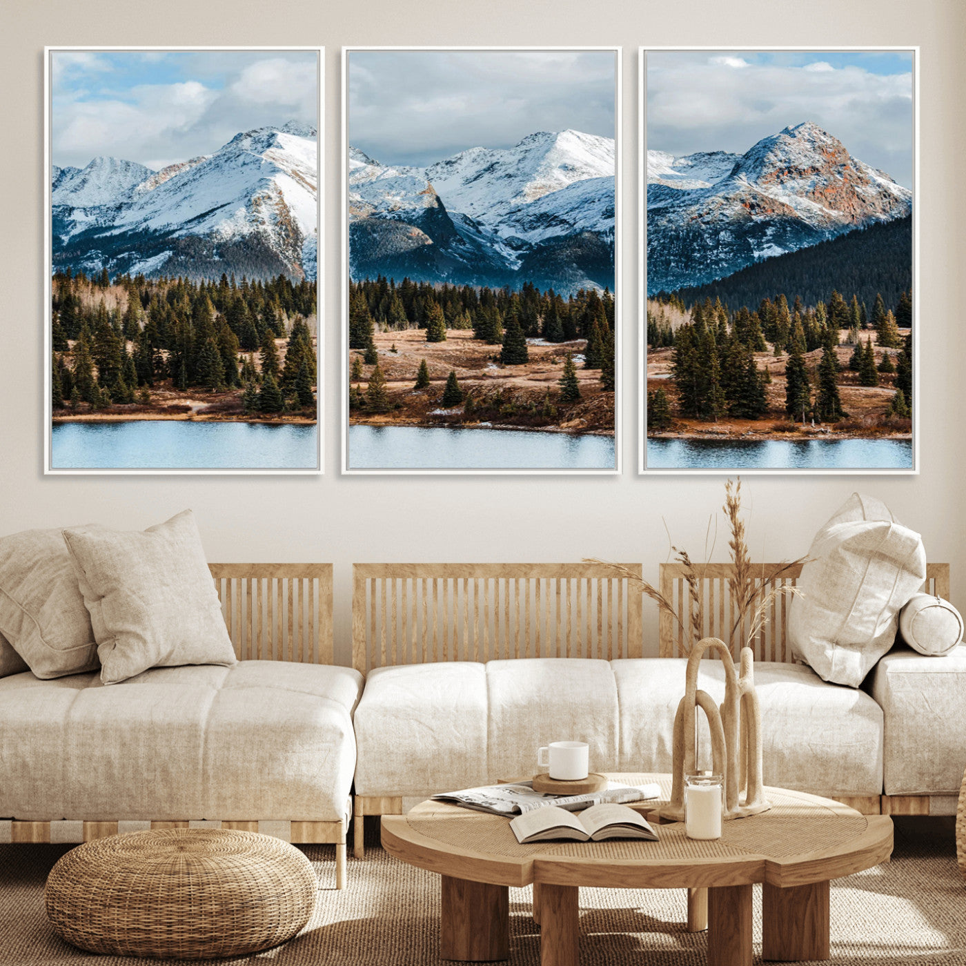 Framed canvas of snowy mountain peaks with pine forest and alpine lake, perfect for winter cabin or wilderness-inspired home decor.