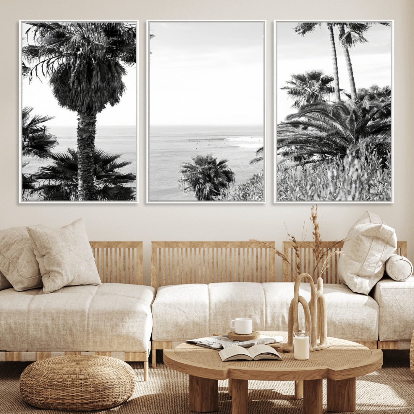 Monochrome canvas of palm trees framing a coastal surf scene, perfect for California-inspired or retro black-and-white beach decor.