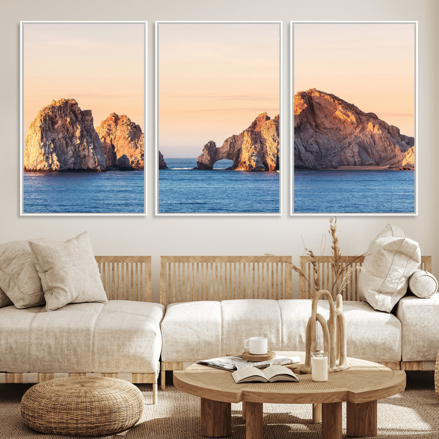 Framed canvas of El Arco rock formation in Cabo San Lucas at golden hour, ideal for coastal landmark or ocean-inspired decor.