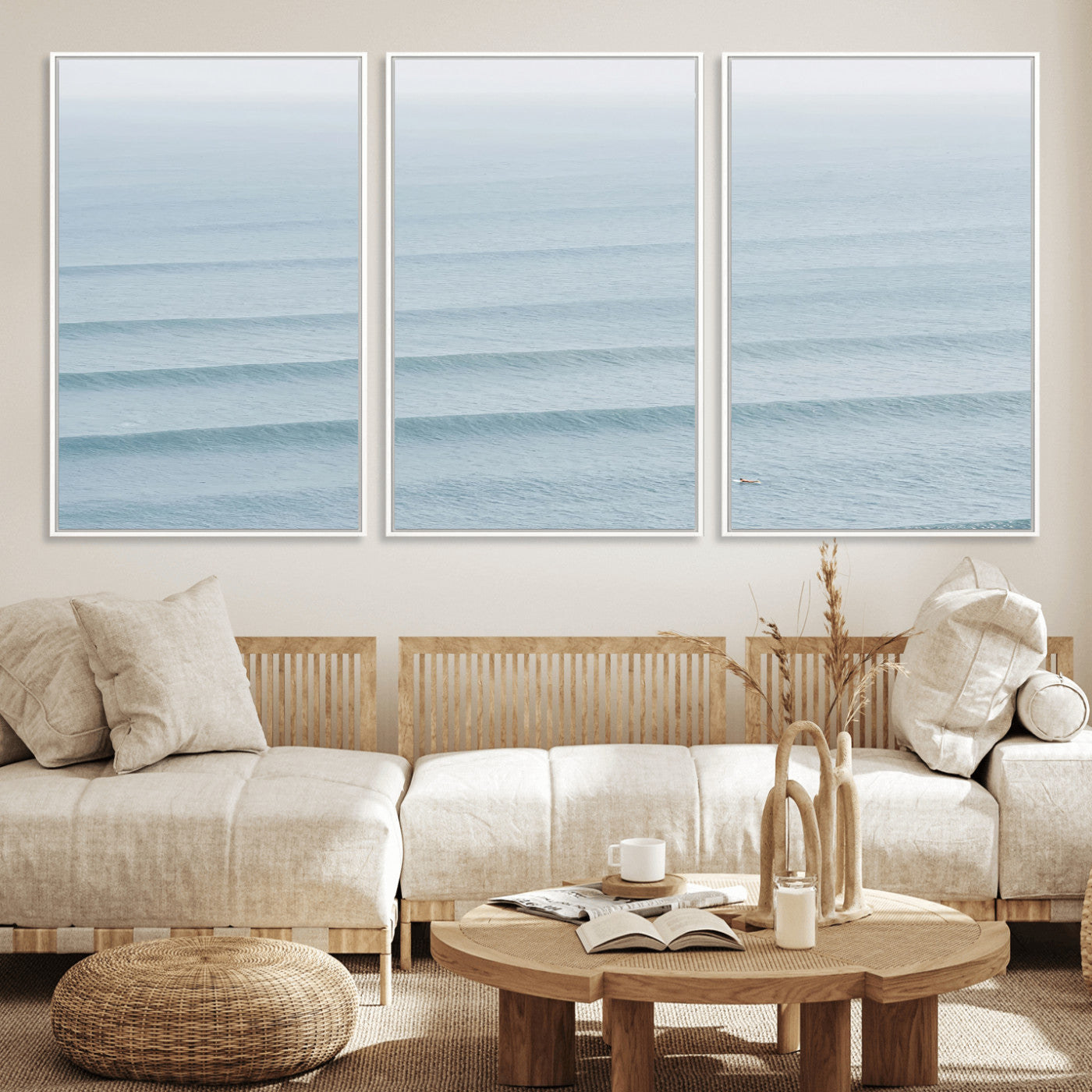 Framed canvas of repeating ocean waves with a distant solo surfer, ideal for minimalist ocean or calm coastal wall decor.
