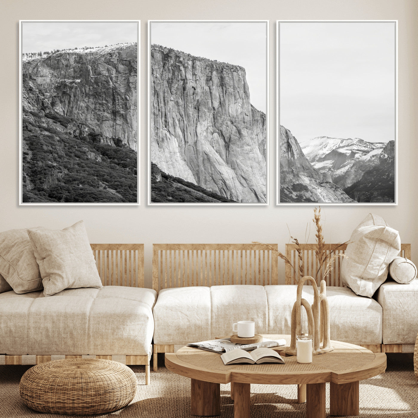 Monochrome canvas of El Capitan’s granite wall in Yosemite with snowy peaks, ideal for dramatic mountain or black-and-white nature decor.