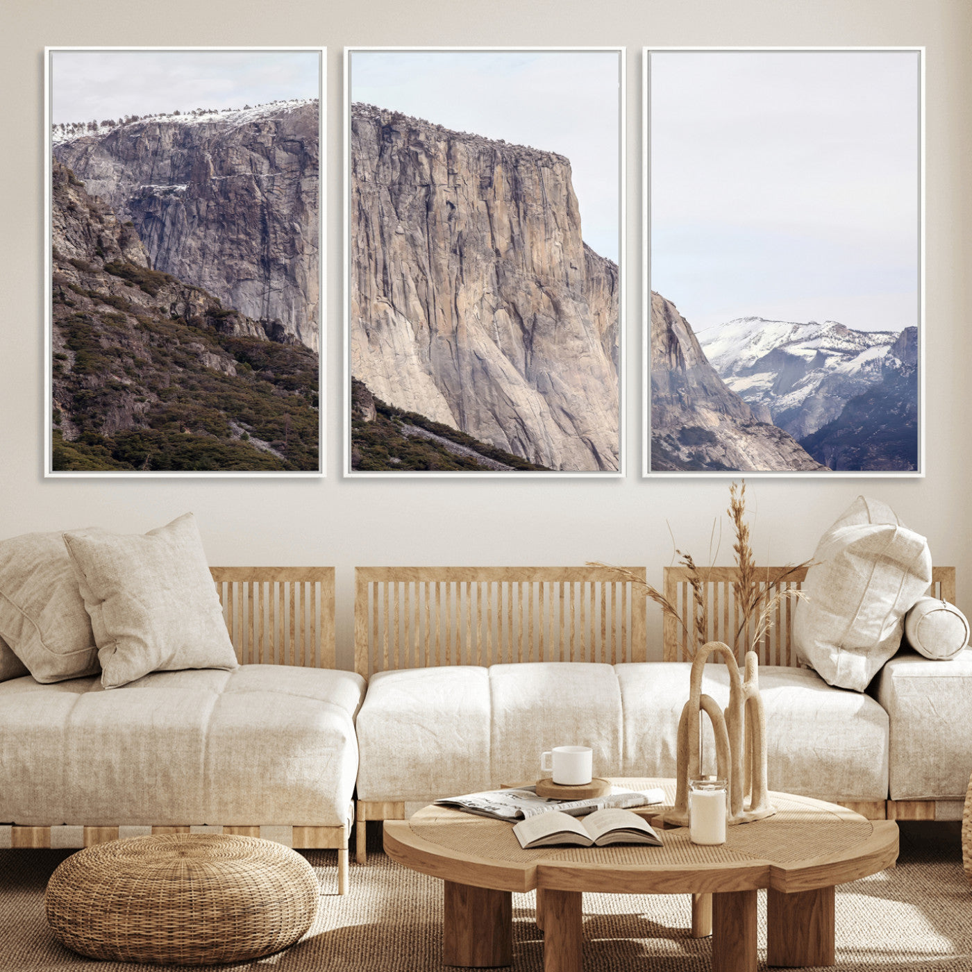 Framed canvas of El Capitan’s vertical granite face in Yosemite with snowy peaks, ideal for Sierra minimalism or mountain-inspired decor.