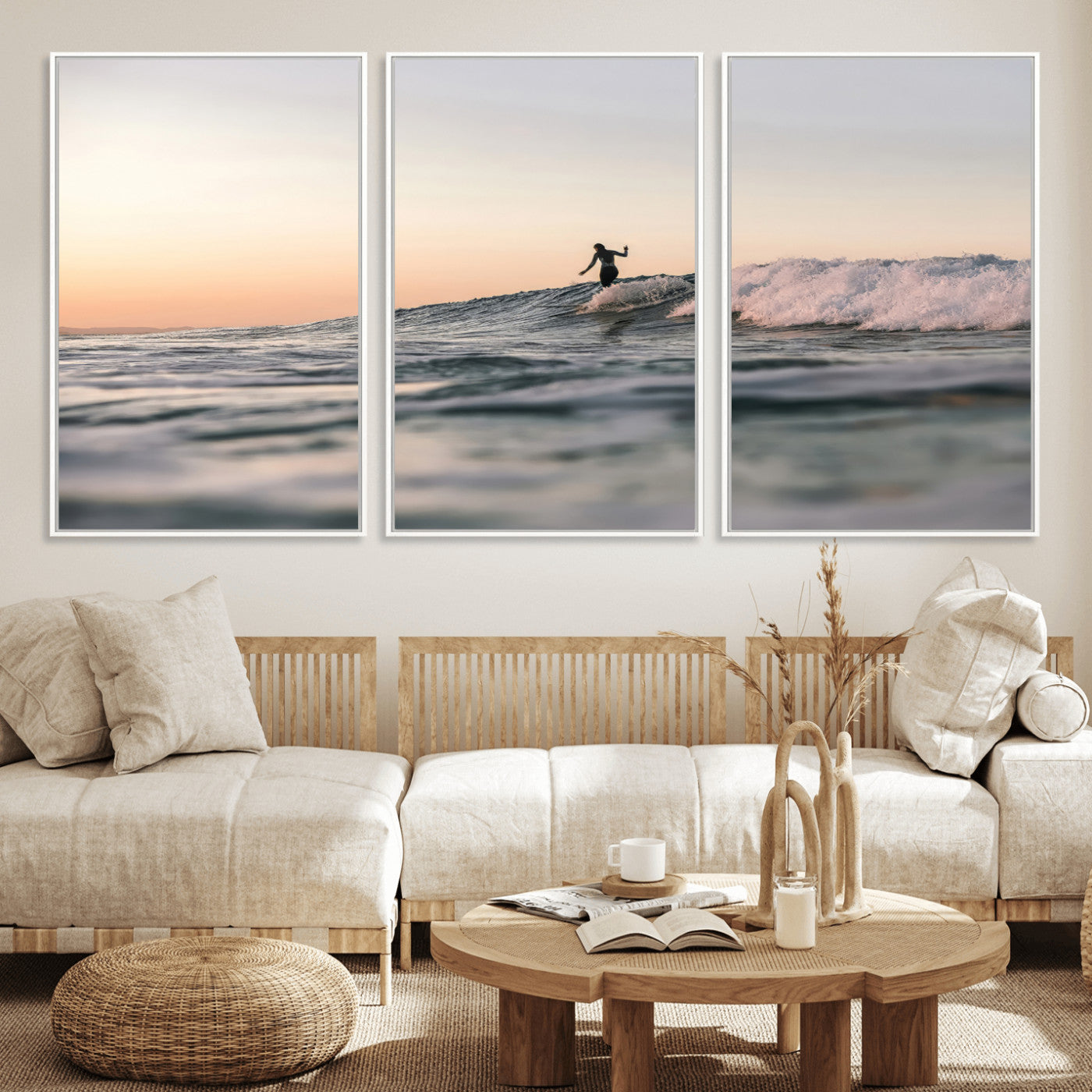 Framed canvas of a female surfer balancing on a wave at sunset, perfect for serene surf or ocean-inspired coastal decor.