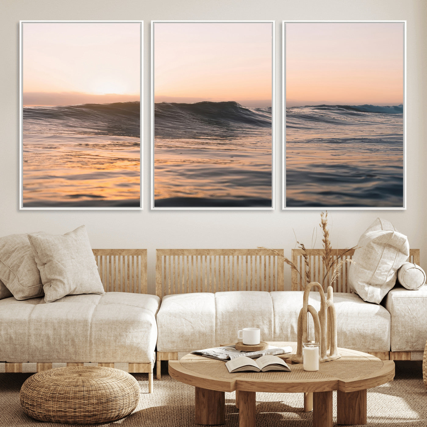 Framed canvas of ocean waves glowing in sunset light, ideal for golden hour calm or peaceful coastal-inspired wall decor.