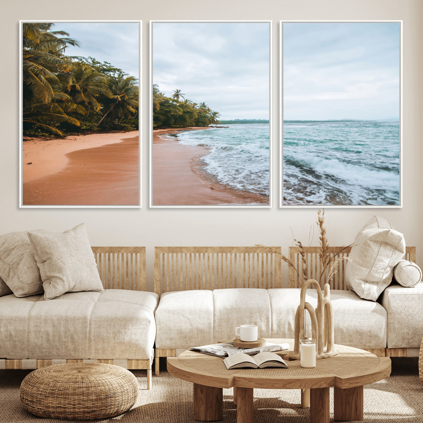 Framed canvas of a tropical beach with palm trees and soft waves, ideal for coastal escape or serene nature-inspired home decor.