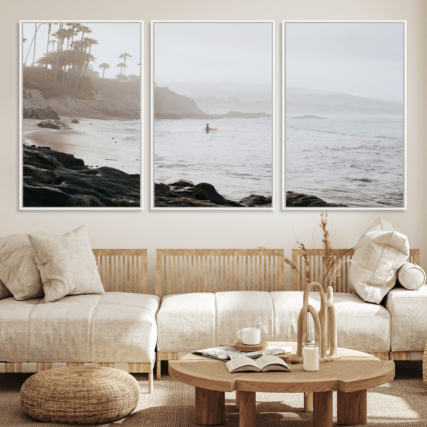 Framed canvas of a surfer in misty coastal tones at a foggy California beach, ideal for minimalist coastal beach or serene ocean-themed decor.