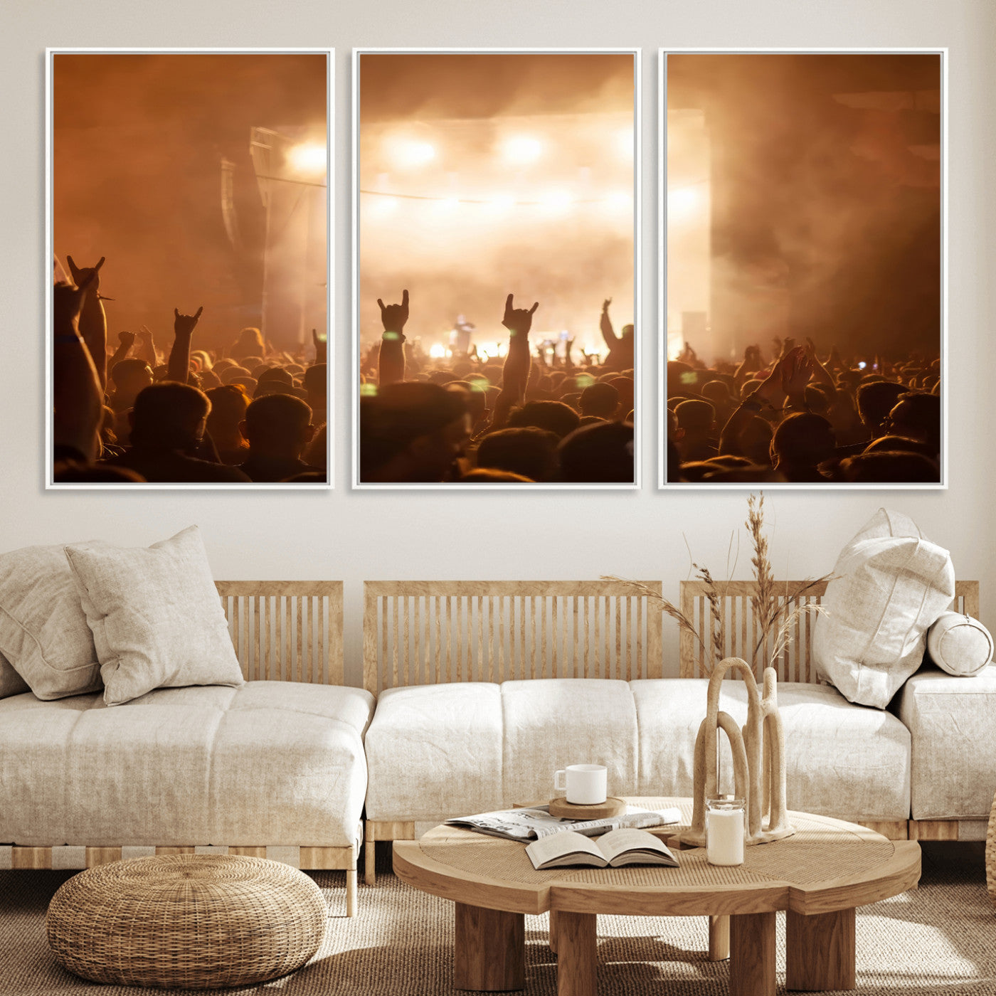 High-energy photo of a rock concert crowd with raised hands and smoky lights, perfect for industrial or music-themed room decor.