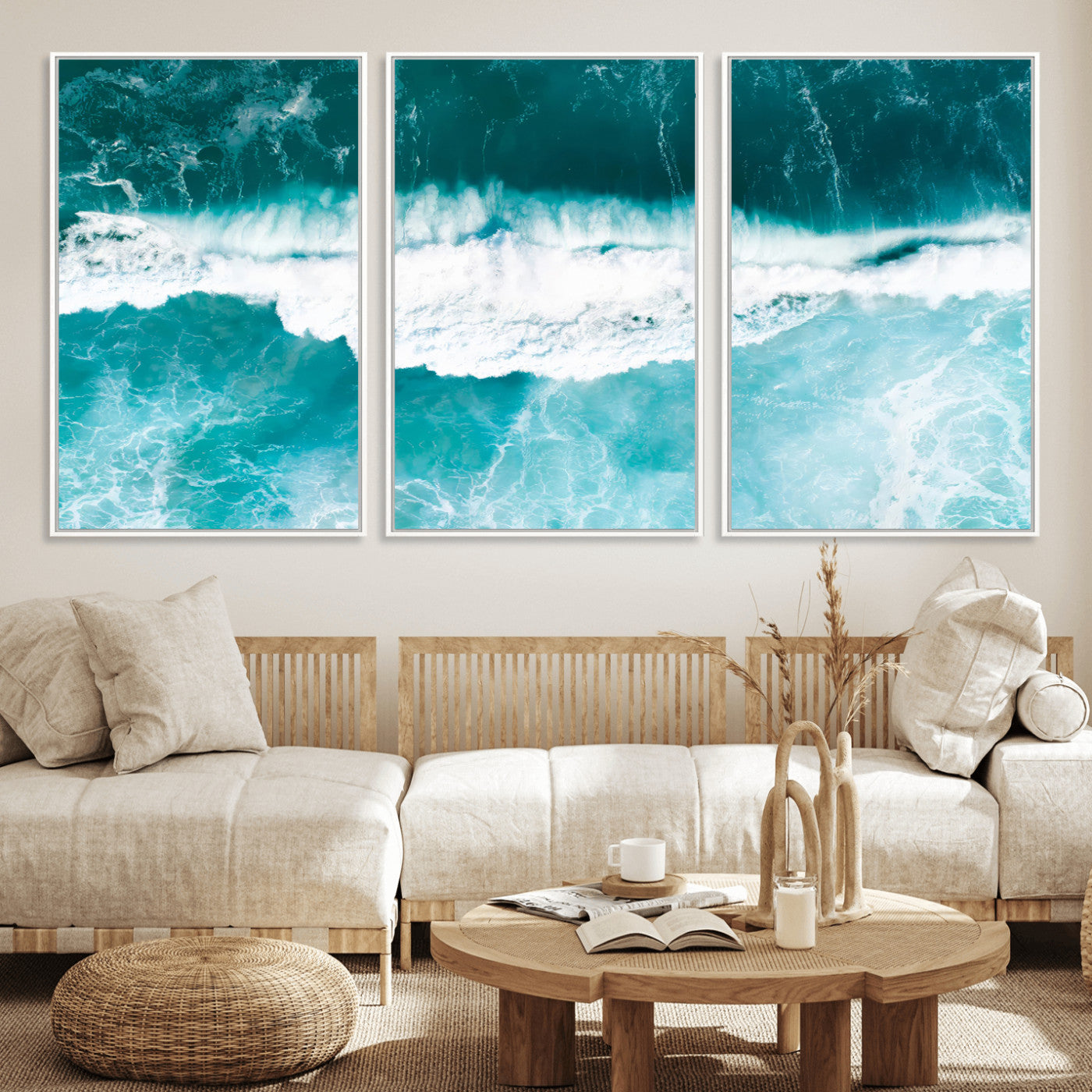 Aerial view of turquoise ocean waves crashing with white foam, perfect for tropical coastal or modern beach-style home decor.