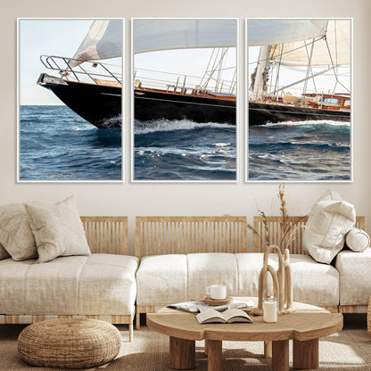 Close-up of a classic sailing yacht with wooden deck and full sails, perfect for nautical or coastal-style decor in ocean-themed spaces.