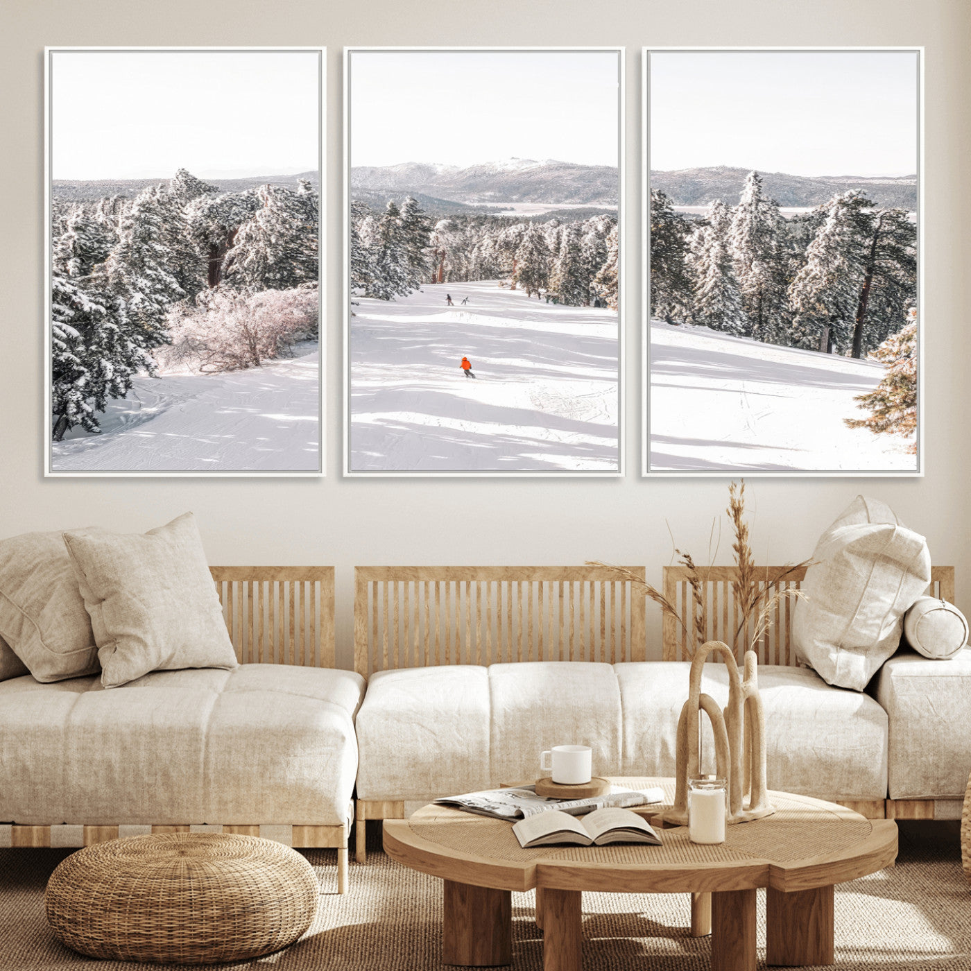 Bright ski trail lined with snow-covered pines and a skier in orange, perfect for alpine adventure or winter sports-inspired decor.