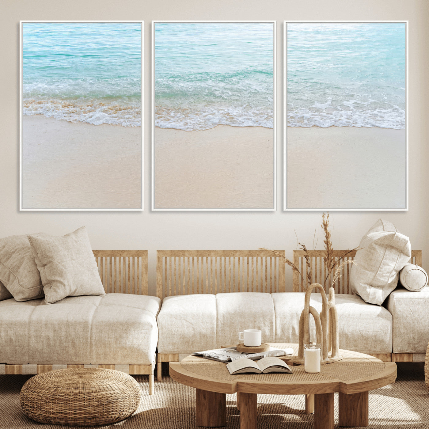 Soft shoreline with gentle aqua waves on smooth sand, ideal for minimalist coastal or pastel ocean-inspired home wall decor.