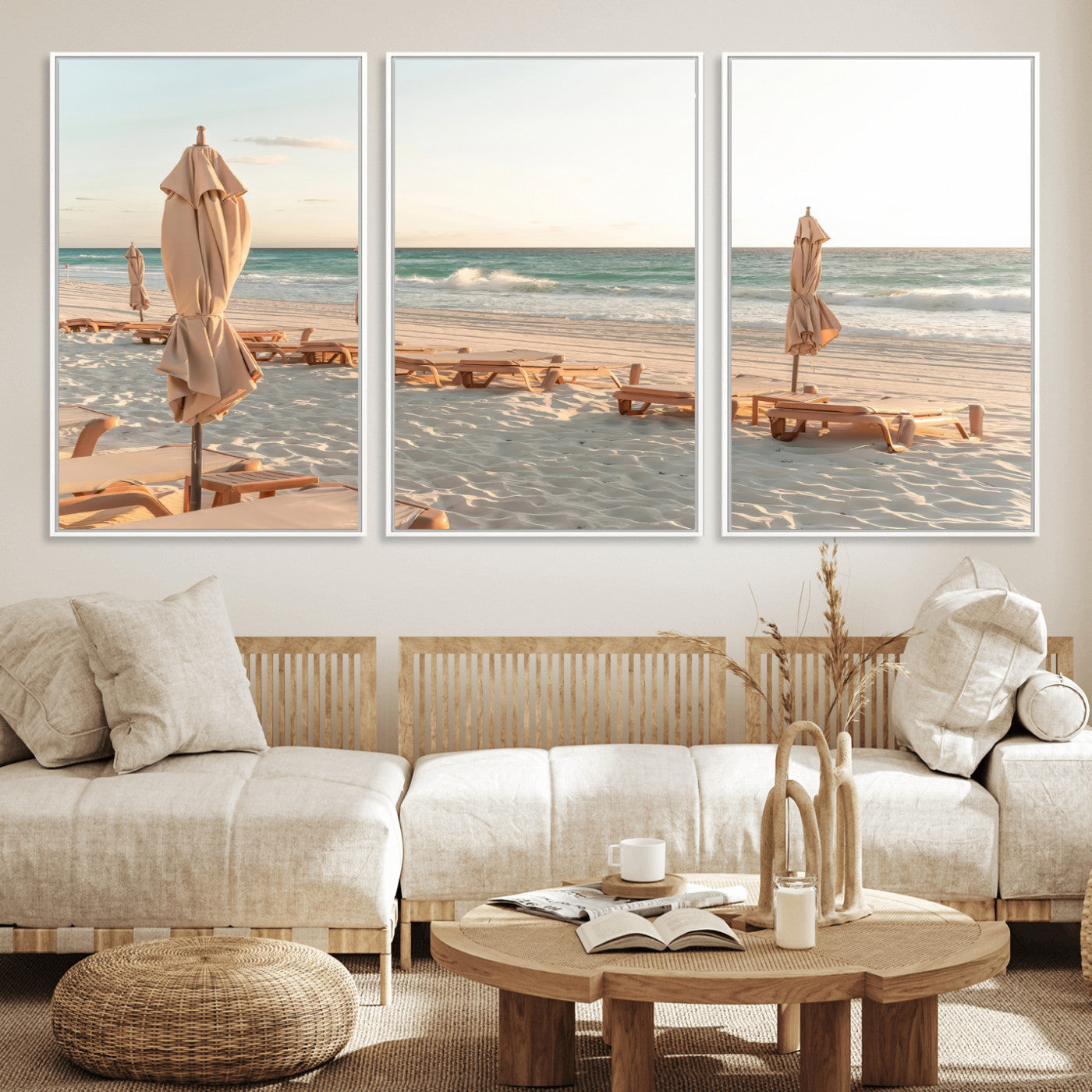 Minimalist photo of empty beach loungers and umbrellas on soft sand, ideal for calm seaside or pastel coastal-style home decor.