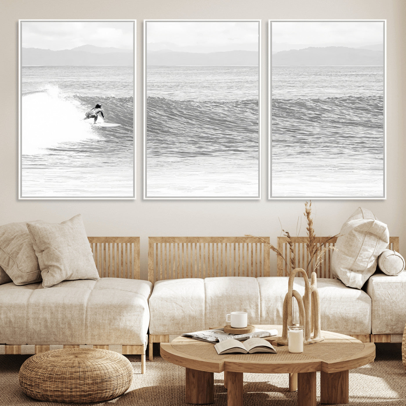 Monochrome photo of a surfer riding a wave with distant mountains, ideal for coastal motion or black and white surf-themed wall decor.