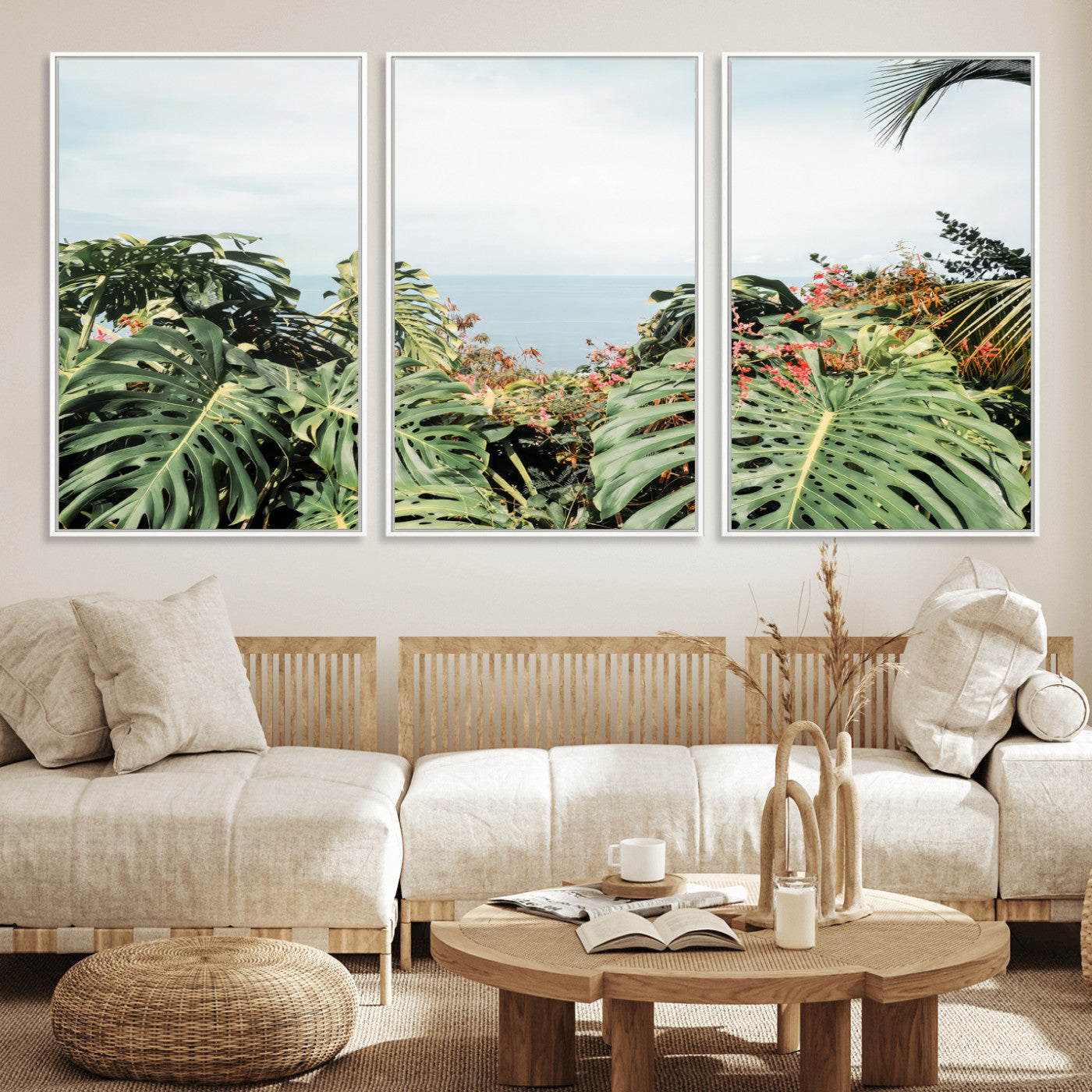 Monstera leaves and tropical flowers framing a calm ocean view, ideal for tropical coastal or exotic jungle-style interior wall decor.