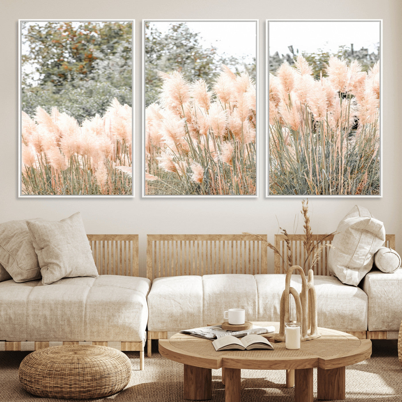 Soft pastel pampas grasses in a natural setting, ideal for neutral boho or rustic botanical-style interior wall decoration.
