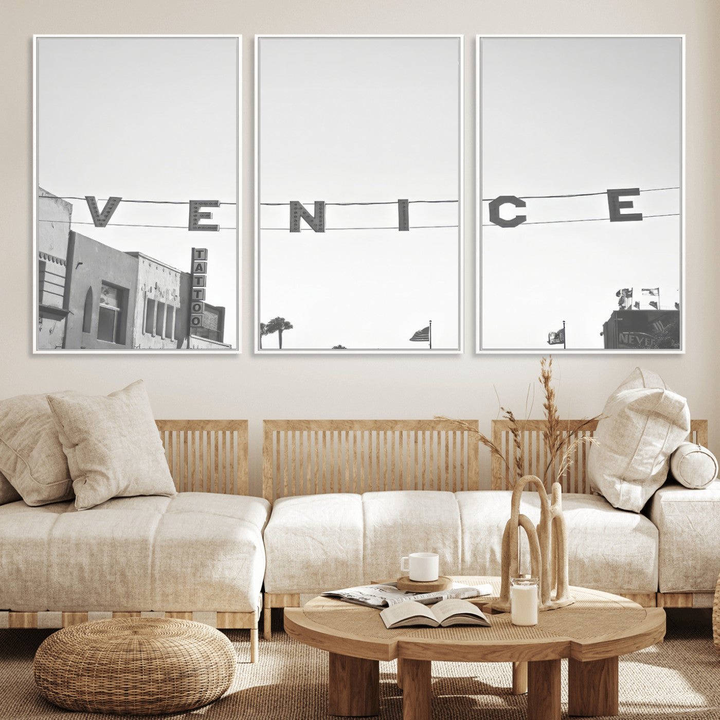 Black and white photo of Venice Beach sign and palm-lined street, perfect for urban coastal or minimalist LA-inspired wall decoration.
